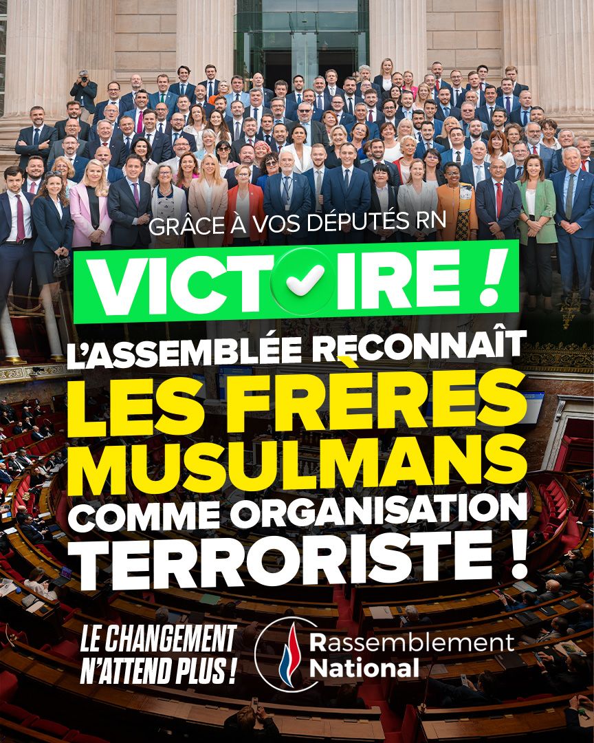 🔵 Mesure réclamée depuis de nombreuses années par <a href="/MLP_officiel/">Marine Le Pen</a>, l'Assemblée nationale a adopté la résolution demandant l'inscription des Frères musulmans sur la liste européenne des organisations terroristes !

Pour préserver notre civilisation, le temps de l'insouciance et de