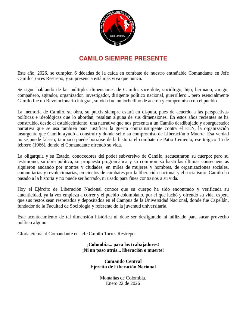 🚨 Atención 🚨
Hoy el ELN conoce que el cuerpo del cmdte Camilo Torres Restrepo ha sido encontrado y verificada su autenticidad. El pueblo colombiano, por el que luchó y ofrendó su vida, espera que sus restos sean respetados y depositados en el Campus de la Universidad Nacional.