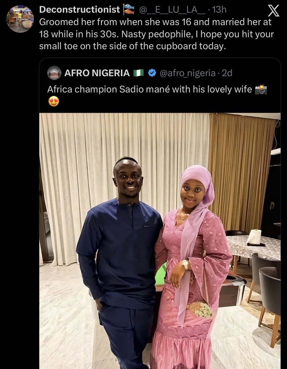 anureni33's tweet image. America Streamer ‘Lil Tay’ created an OF account on her 18th birthday and got over $1 Million in 3hrs - They called it ‘EMPOWERMENT’

Sadio Mane got married to a 18yo with her full consent and her parents approval - They called it ‘PEDOPHILIA’

Subscribing to a 18yo to see more…