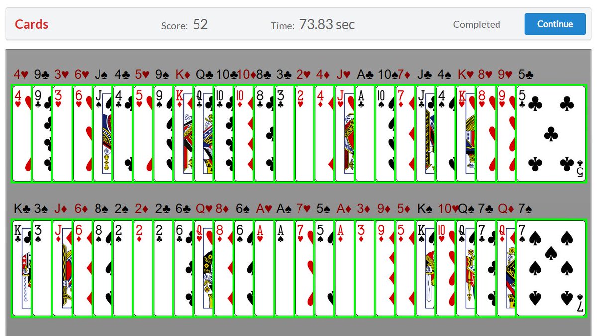 トランプ記憶、73.83秒でパーフェクト。 変換がもう少し定着すれば60秒