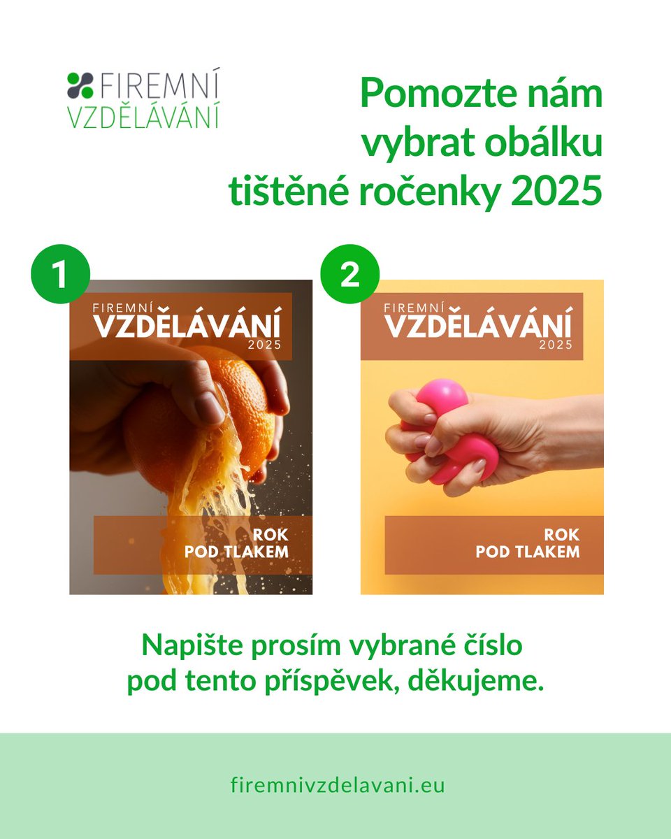 🔊 Rychlé víkendové hlasování o obálku tištěné ročenky Firemní vzdělávání 2025 s podtitulem ROK POD TLAKEM.

🖊️ Stačí napsat číslo vybrané obálky pod tento příspěvek. Děkujeme! 💚