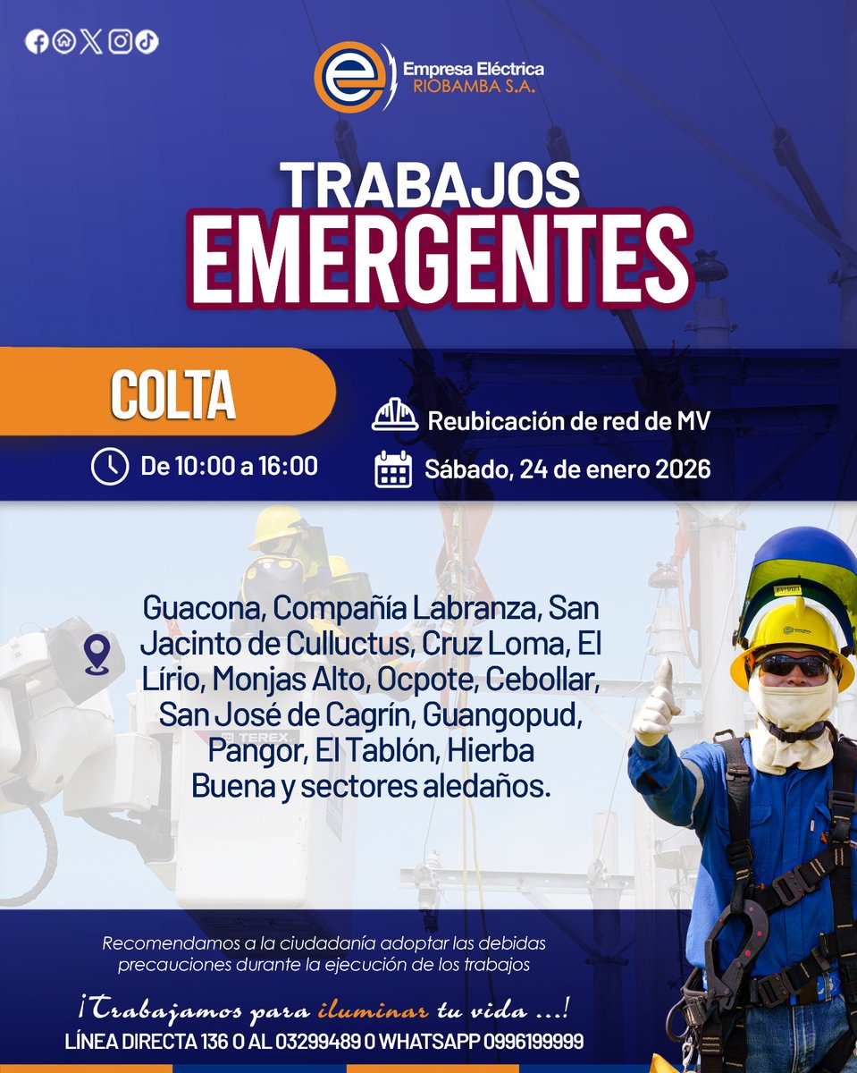𝐓𝐫𝐚𝐛𝐚𝐣𝐨𝐬 𝐞𝐦𝐞𝐫𝐠𝐞𝐧𝐭𝐞𝐬⚠️🔧 | El 24 de enero, nuestro equipo técnico realizará intervenciones en el cantón #Colta⚡💡
Agradecemos su comprensión mientras realizamos estas labores🛠️👷‍♂️.