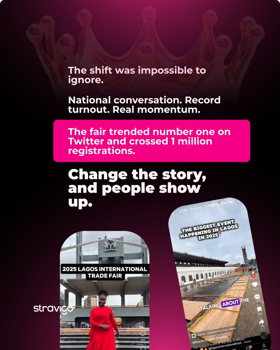 StravigoNG's tweet image. More Than Shopping. #LITF 

We turned Lagos International Trade Fair into a launchpad for deals, careers, and skills. 1M registrations, record attendance, trending #1. Narrative drives impact. #StravigoResults #NigeriaBusiness #Lagosinternationaltradefair