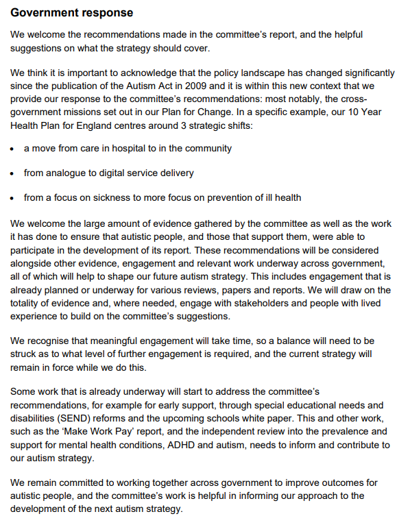 Screenshot of the Government's response to the recommendations made by the House of Lords Committee on Autism Act 2009