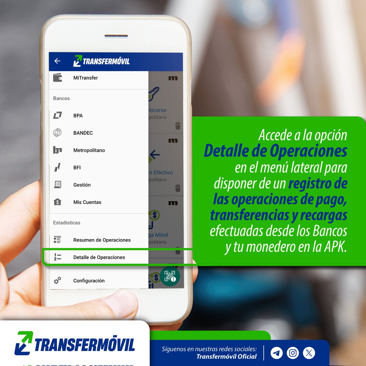 Monitorea fácilmente las operaciones efectuadas desde los módulos bancarios y tu monedero accediendo a "Detalle de Operaciones" en #Transfermóvil. 📑📱