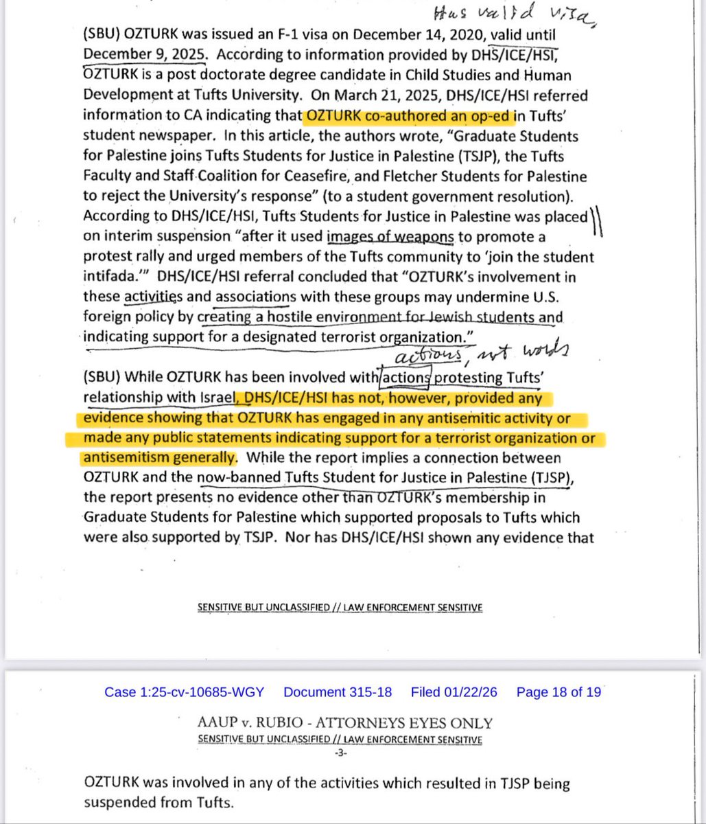 Wow: New State Department documents show that the Trump-Vance-Rubio administration literally only abducted Tufts student Rümeysa Öztürk because she co-wrote an op-ed urging Tufts to follow student resolutions to acknowledge genocide in Gaza &amp; divest from companies tied to Israel.