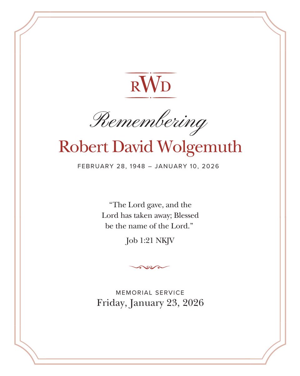 NancyDeMoss's tweet photo. With grateful hearts we remember the life of Robert Wolgemuth—beloved husband of Nancy DeMoss Wolgemuth, devoted father and grandfather, faithful servant of Christ, encourager, mentor, and cherished member of the Revive Our Hearts family. ⁠
⁠
We invite you to join us via livestream today, January 23, as we honor Robert’s legacy of faith, love, and steadfast devotion to Christ. The memorial service will include worship, heartfelt reflection, and thanksgiving for the impact of his life—a life lived fully for Jesus. ⁠
⁠
The main service is 2–4:30 p.m. (EST). You also are invited to join us around 5:30 p.m. (EST) as we sing hymns and share memories. ⁠
⁠
Thank you for your prayers, your support, and for holding Nancy and the Wolgemuth family in your hearts during this tender time.⁠

—The @ReviveOurHearts Team