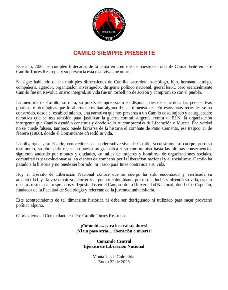 UltimaHoraCR's tweet image. #ATENCIÓN | El ELN informó que el cuerpo del sacerdote Camilo Torres Restrepo ha sido encontrado y verificada su autenticidad. 

Asimismo, solicitan que sus restos sean respetados y depositados en el campus de la Universidad Nacional.

Vía: @JuanQuinteroP_…