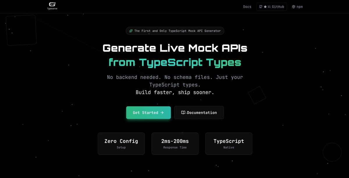 TypeServe is live 🚀

generate mock APIs from TypeScript types

TypeScript-first.
No schemas.
Smart data generation.
Hot reload. 2-20ms responses.

just your types → live API

Check it out:
👉 typeserve.com
👉 github.com/emmanueltaiwo/…

thread 🧵👇