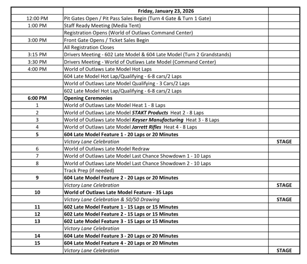 DIRTcarRacing's tweet photo. Schedule of events for Friday’s Sunshine Nationals program👇 https://t.co/sEyEiLnHdN
