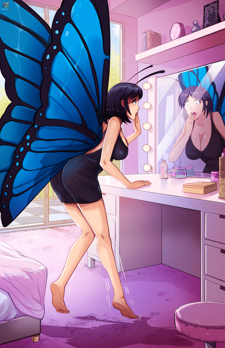 ...Kicking her feet and flailing her arms, she tried to move, to turn, anything to set her feet on solid ground, but all she did was hover. Was she dreaming? Was she still a little tipsy?...

transformfan.com/gallery/Fluste…

#transformation #anthro #butterfly #wingedgirl #insectgirl