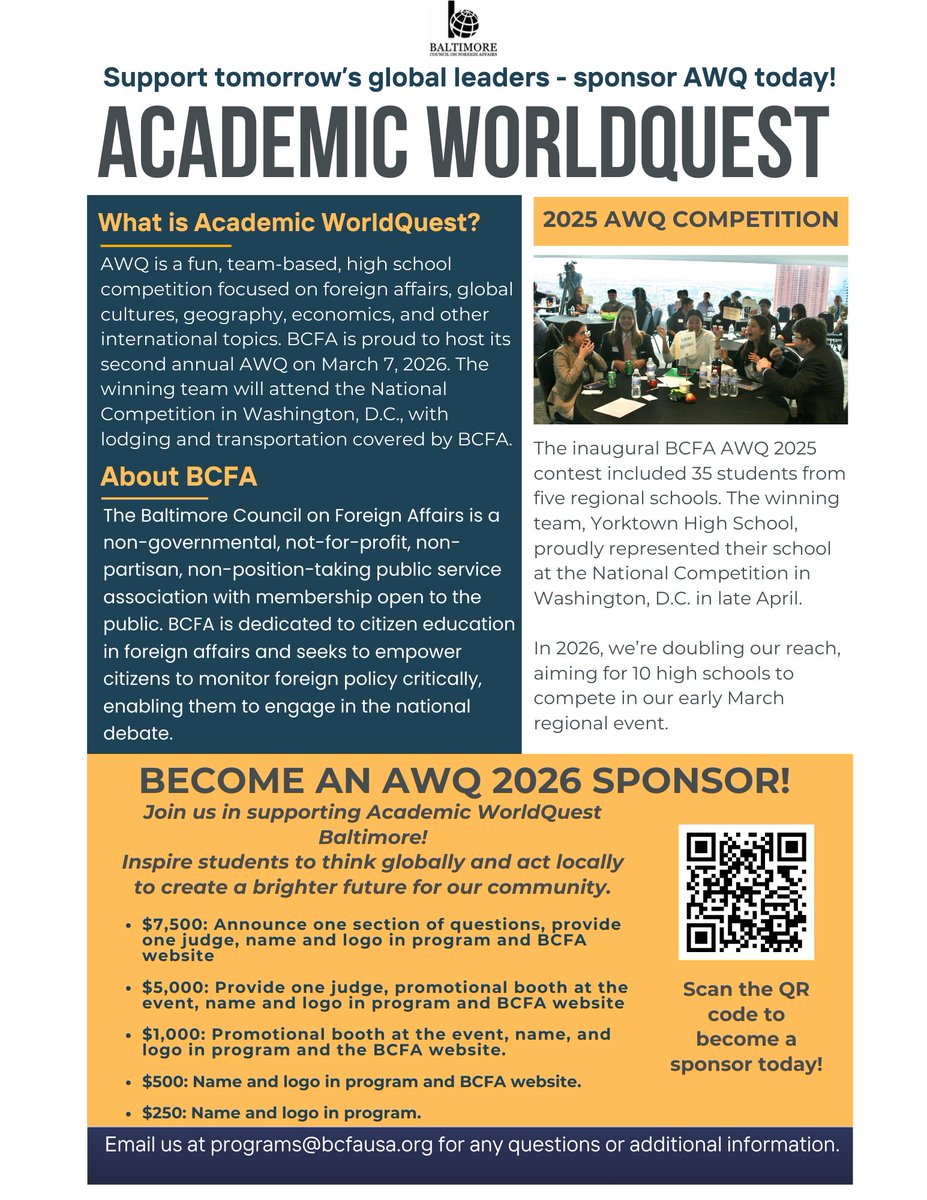 Support students interested in foreign affairs and sponsor Academic WorldQuest 2026 today! Become a sponsor here: bcfausa.org/awq-2026/