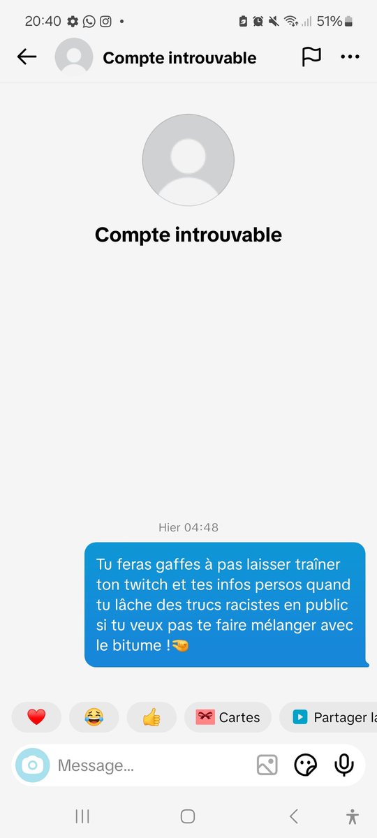 Jvais m'inscrire au poker je crois :

Le gars a lâche un truc giga raciste, jsuis allé voir son compte c'était un petit streamer, je lui ai envoyé ça comme un all in, un shoot vers la lune, et j'crois il a vrmt eu peur 🤣🤣🤣🤣 <a href="/Noaam16/">Nøâm</a> je savais qu'on était fait pour le bluff