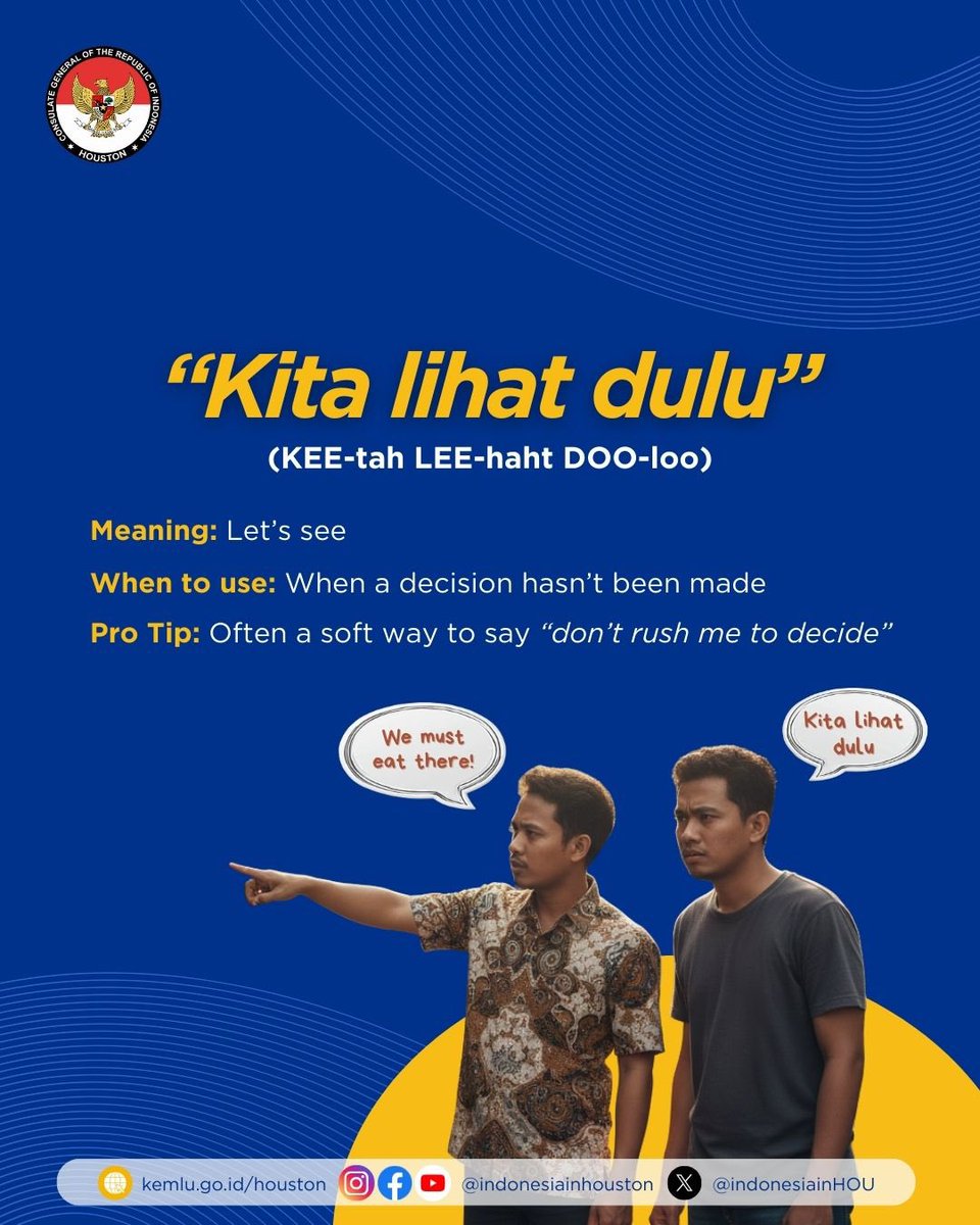 Ever heard “yes”… but it didn’t really mean YES? 🤔🇮🇩

💡 Pro tip: Always listen to the tone, not just the words.

Which one surprised you the most? 👇

#IniDiplomasi #IndonesianWay #IndonesianInHouston #KJRIHouston #Indonesia101 #Indonesian #Indonesia #BahasaIndonesia