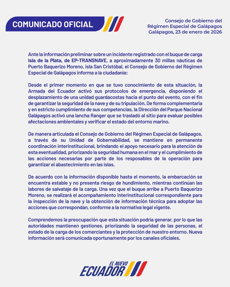 CGGalapagos's tweet photo. 𝗖𝗢𝗠𝗨𝗡𝗜𝗖𝗔𝗗𝗢 | Ante el incidente del buque Isla de la Plata, la nave se encuentra estable y bajo monitoreo interinstitucional.

#ElNuevoEcuador https://t.co/8IbwCLd74I