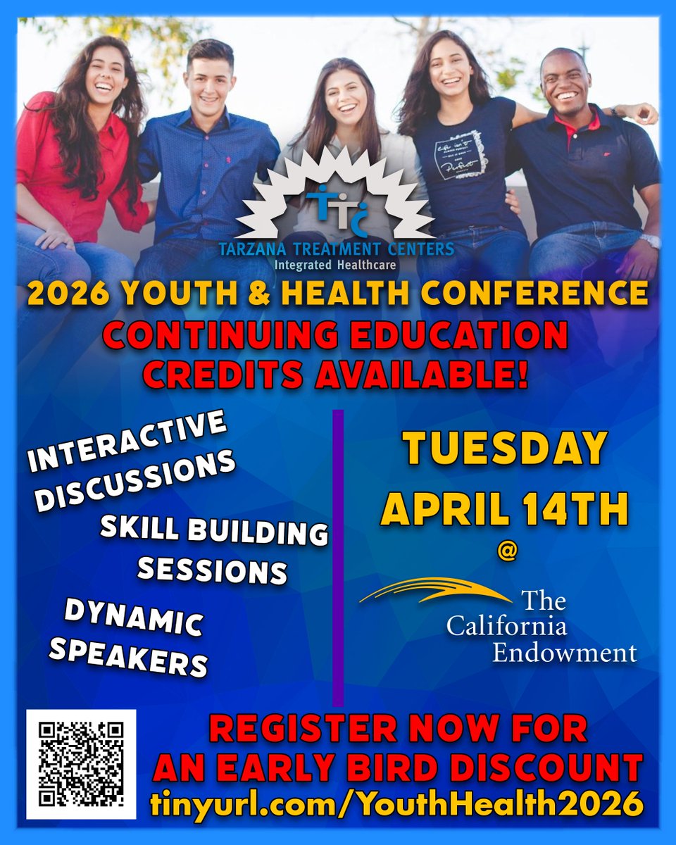 The 2026 Youth &amp; Health Conference by TTC is happening April 14 at the California Endowment

Join us for a day of youth health and social support insights. CEUs available for health educators, social workers, counselors and more

Early bird registration: tinyurl.com/YouthHealth2026