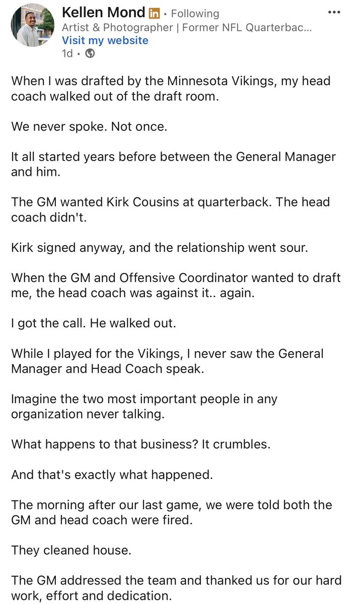 vikingzfanpage's tweet image. Former #Vikings QB Kellen Mond briefly spoke about his time in Minnesota in a LinkedIn post. He stated that GM Rick Spielman and OC Klint Kubiak wanted to draft him, but HC Mike Zimmer didn’t. Mond claims Zimmer never spoke to him during his rookie season, and he never even saw…