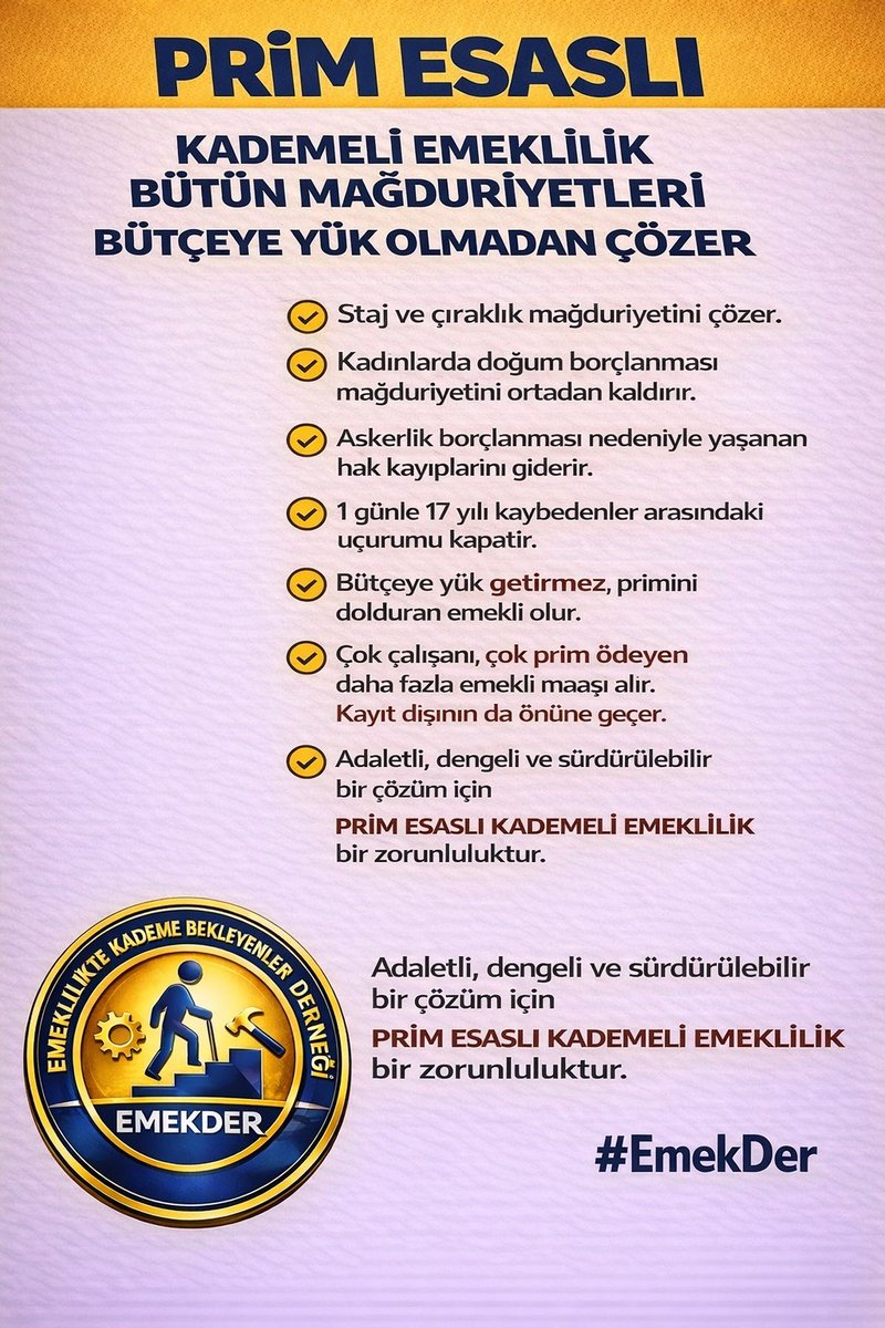 Aynı ülkede, aynı sistemde; çok prim ödeyenin emeklilik hakkına ulaşamadığı bir düzen sürdürülemez.
EYT sonrası oluşan mağduriyetleri giderecek, adil ve kapsayıcı tek model prime dayalı kademeli emekliliktir.

<a href="/EmekDerResmi/">EMEK-DER</a>
<a href="/MelisE2635/">Melis Elmen / Sosyal Güvenlik Uzmanı</a>

#MeclisBizeKademeBorçlu