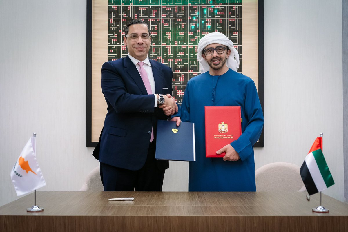 CyprusMFA's tweet photo. Foreign Minister @CKombos signed today in #Abu Dhabi a Memorandum of Understanding for the establishment of a Comprehensive Strategic Energy Partnership between 🇨🇾 and 🇦🇪 with #UAE Deputy Prime Minister and Minister of Foreign Affairs HH Sheikh Abdullah bin Zayed Al Nahyan @ABZayed.

The Memorandum establishes a long-term and structured framework for cooperation across the entire energy chain, creating conditions for the development of joint initiatives in a wide range of energy sectors. 

The Memorandum serves to enhance and strengthen the ties between 🇨🇾 and 🇦🇪.

At the same time, it lays the foundations for future synergies, investments, and value-added development projects in the wider region.

@CyprusinUAE