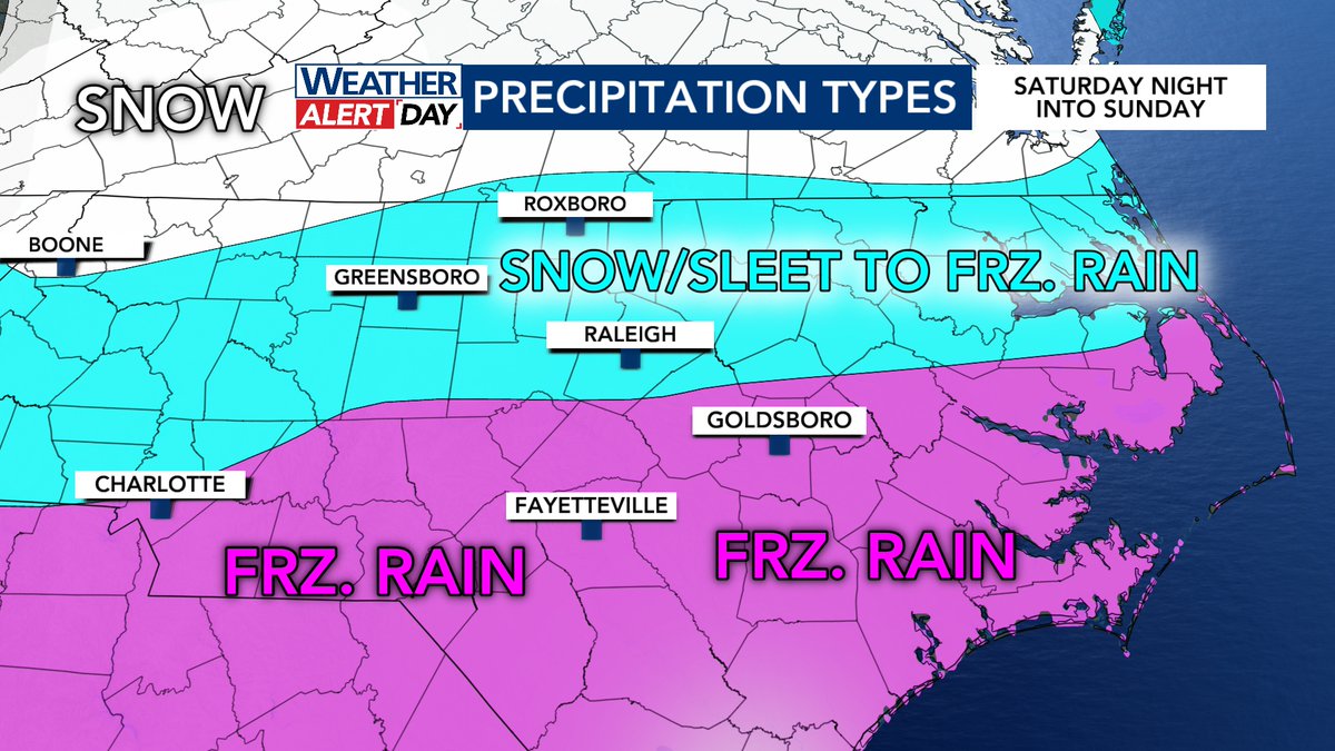 katcampbellwx's tweet image. What's new:
• Winter storm warning issued, starts at 7 PM Saturday
• Updated the freezing rain forecast map, numbers down very slightly due to sleet at the beginning of the event
• Arrival of the widespread wintry mix will occur between 7 and 9 PM #ncwx #wx