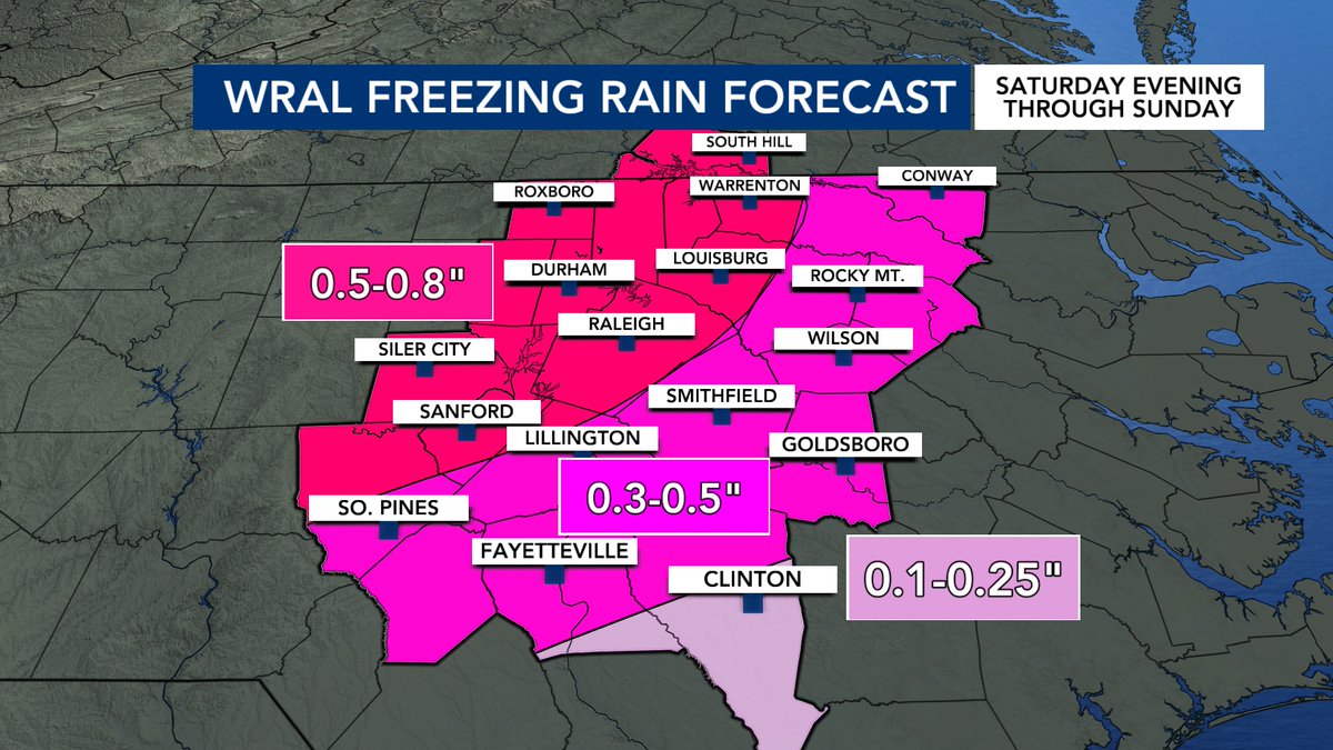 katcampbellwx's tweet image. What's new:
• Winter storm warning issued, starts at 7 PM Saturday
• Updated the freezing rain forecast map, numbers down very slightly due to sleet at the beginning of the event
• Arrival of the widespread wintry mix will occur between 7 and 9 PM #ncwx #wx