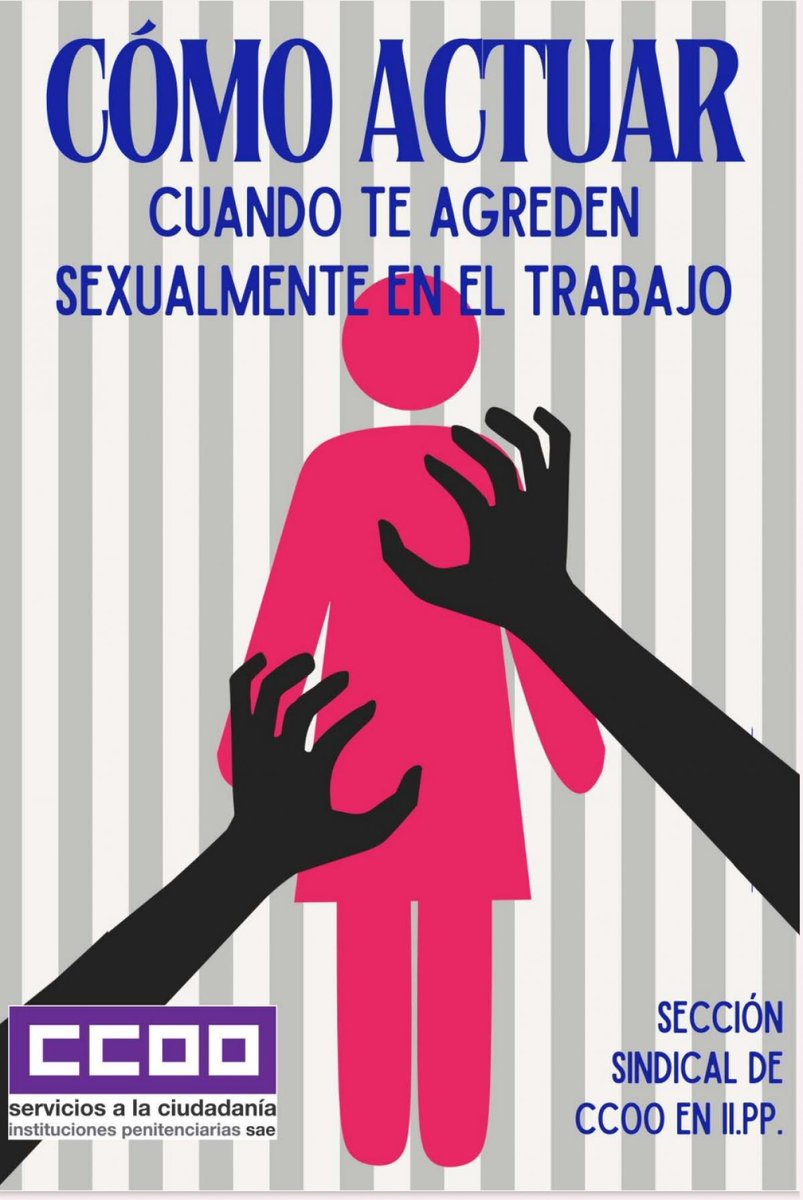 EN PRISIONES CERO VIOLENCIA SEXUAL 

Guía de CCOO Cómo actuar cuando te agreden sexualmente en el trabajo

En esta guía recopilamos los distintos enfoques para abordar la violencia sexual en el trabajo.

#sosprisiones

sae.fsc.ccoo.es/8579e93e3e27ff…