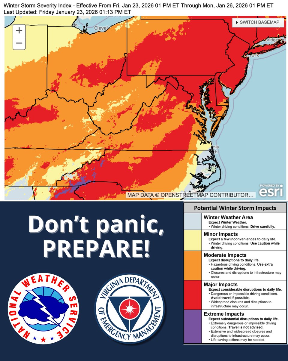 VDEM's tweet image. ❄🥶🌨This is NOT fear mongering or hype folks...  This is science and facts so please take this information seriously and prepare accordingly🌨🥶❄

The winter storm arriving this weekend in many parts of the Commonwealth will be a level 4 out of 5 winter storm -per NWS ratings.