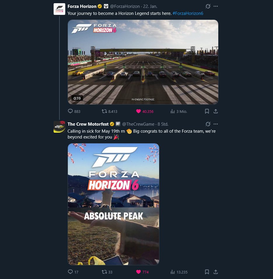 So Lob ich mir das! Nicht gegeneinander; gemeinsam ist man Stark! 💪
<a href="/ForzaHorizon/">Forza Horizon</a> 🤝 <a href="/TheCrewGame/">The Crew Motorfest</a> 
#ForzaHorizon6 #TheCrewMotorfest