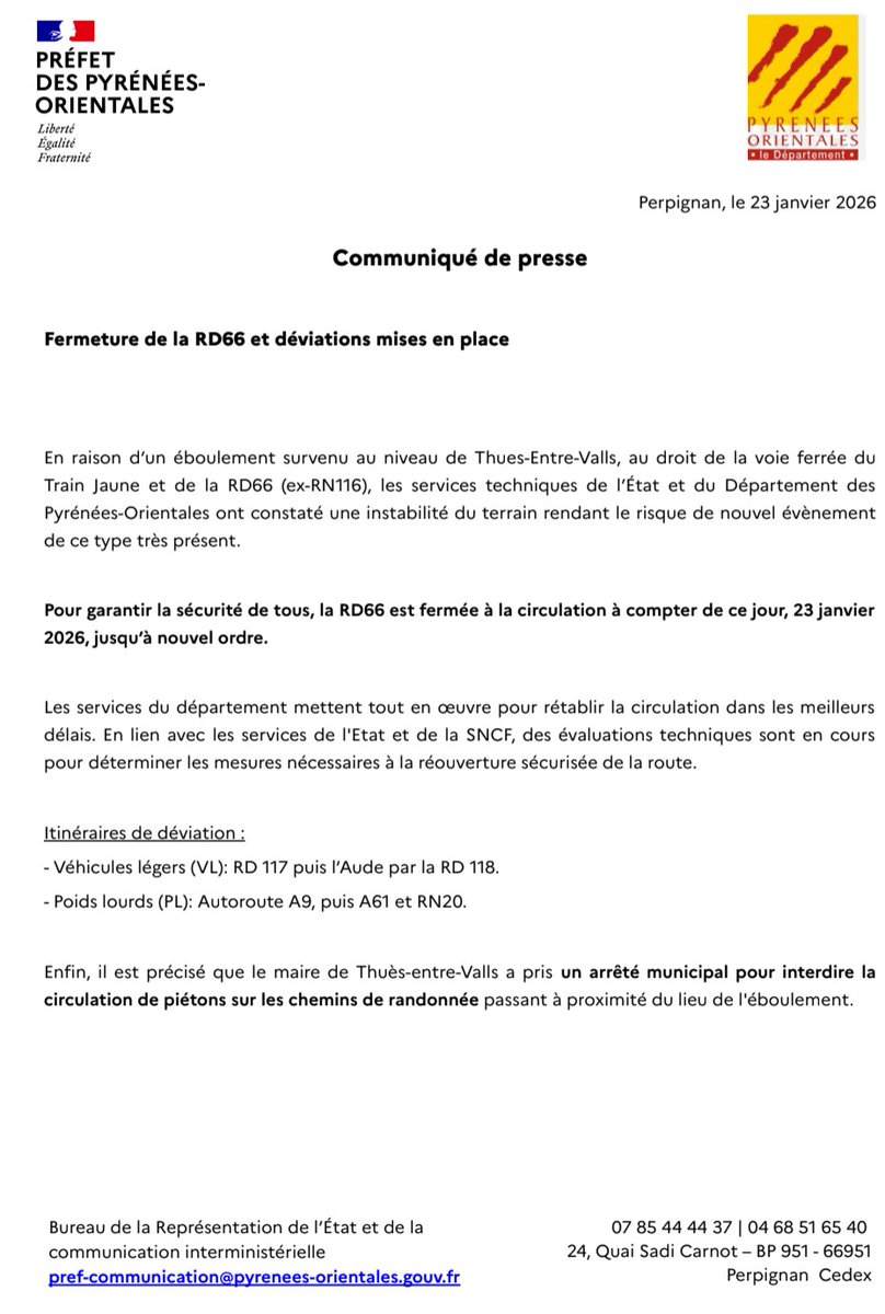Image de Préfet des Pyrénées-Orientales - #InfoRoute 🛑 Retrouvez ci-dessous le communiqué relatif à la fermeture de la route départementale (