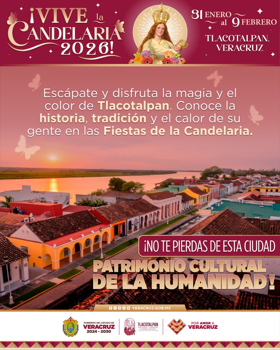 GobiernoVer's tweet photo. ¡Descubre la bella ciudad de #Tlacotalpan en estas Fiestas de La Candelaria! ✨💐

Atrévete a probar su exquisita gastronomía, recorrer sus coloridas calles y disfrutar del programa de actividades que tenemos para ti.

📆 Del 31 de enero al 9 de febrero. https://t.co/B5nuhHPhcd