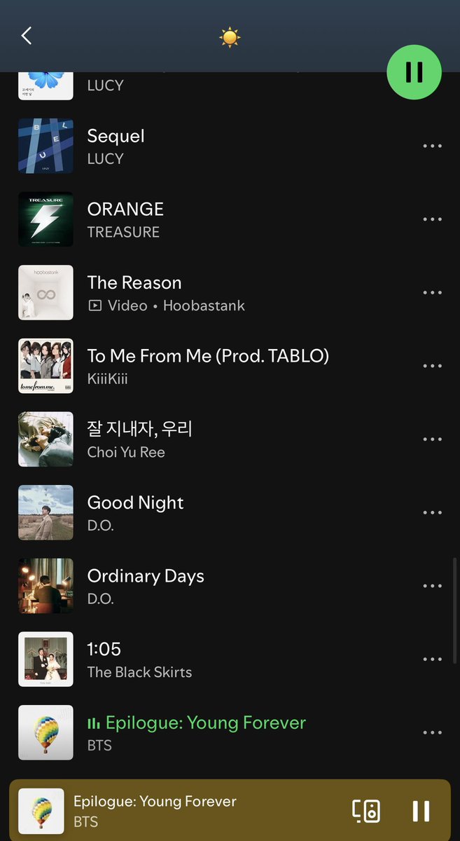forhayangz's tweet photo. Ji Yunseo updated his playlist again with the addition of BTS’s song “Epilogue: Young Forever” and edited the name of the playlist to “☀️”. https://t.co/OulpbLXsRk