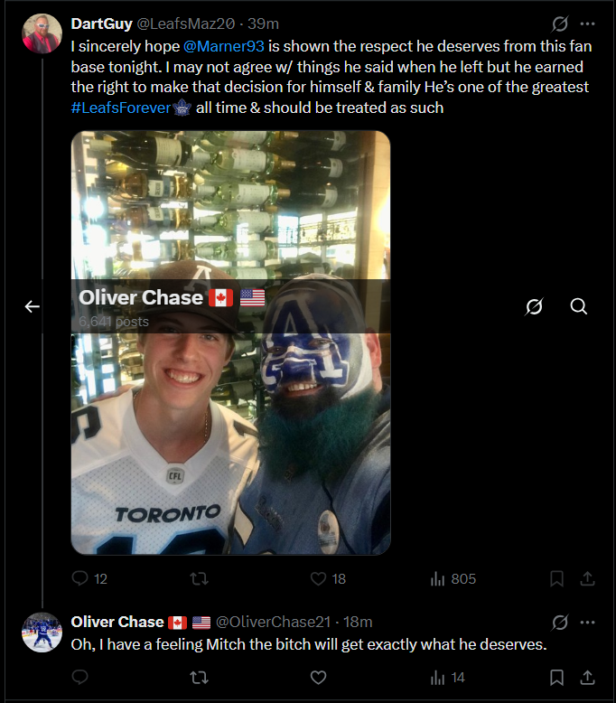 The Marner fan bois are just as soft as their little Mitchy. This fat fuck blocked me over this!  😂#dARTgUY #LeafsForever