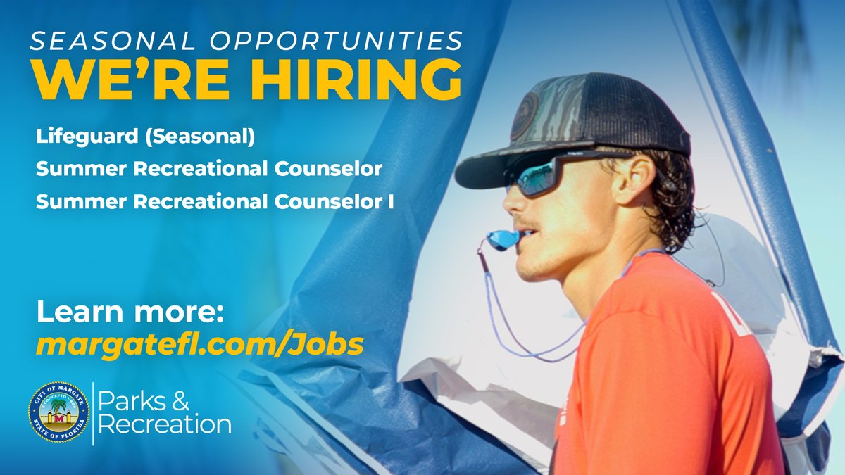 CityOfMargateFL's tweet image. We're looking for seasonal help to make this summer great at #OurMargate!

Lifeguards must be at least 15 years old. Our season runs from March through the summer.

Summer Recreation Counselor spots are for ages 17 and older; The season is the end of May through early August.