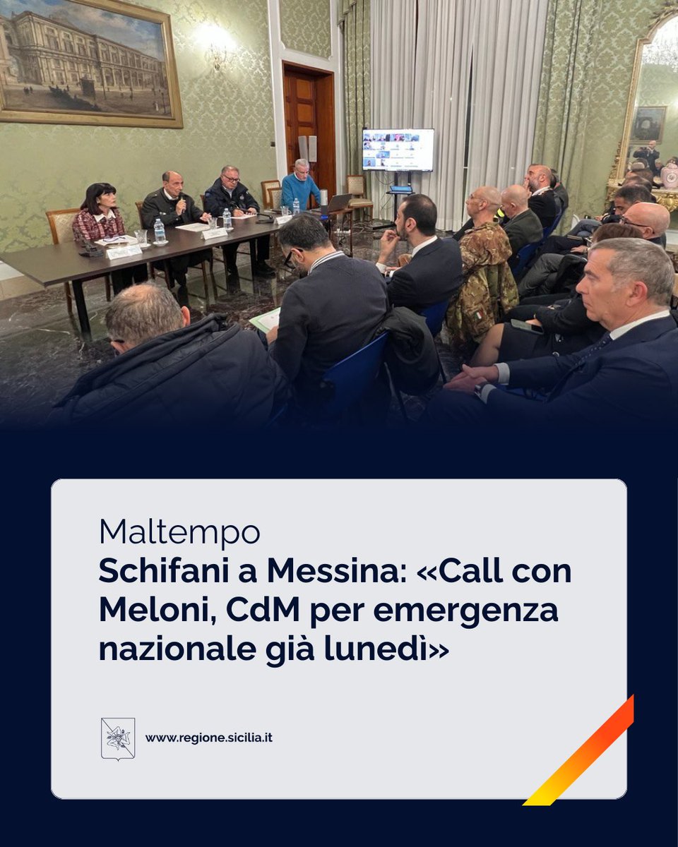 Regione_Sicilia's tweet photo. 🌊 «La presidente @GiorgiaMeloni ci ha comunicato che già lunedì il Consiglio dei Ministri si riunirà per dichiarare lo stato di emergenza e stanziare le prime risorse» (@RenatoSchifani).

Leggi 🔗 https://t.co/3KieJMYmib

#Sicilia #Italia https://t.co/XtykluweV7