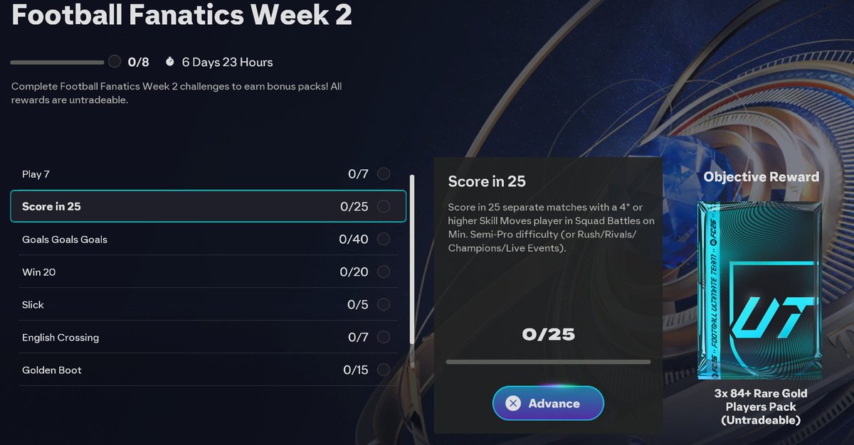 🚨FANATICS WEEK 2 GUIDE ✅

Make sure you do this so you can get the Future Star Pack 🫡

Squad:
▪️1 x Netherland 
▪️1x English &amp; WSL
▪️1x Italian 
▪️1x Arkema 
▪️1x BPL (4* SM)
▪️1x LaLiga (4* SM)

Objective:
▪️Win 20 Matches
▪️Assist in 15 Separate Matches with a LaLiga