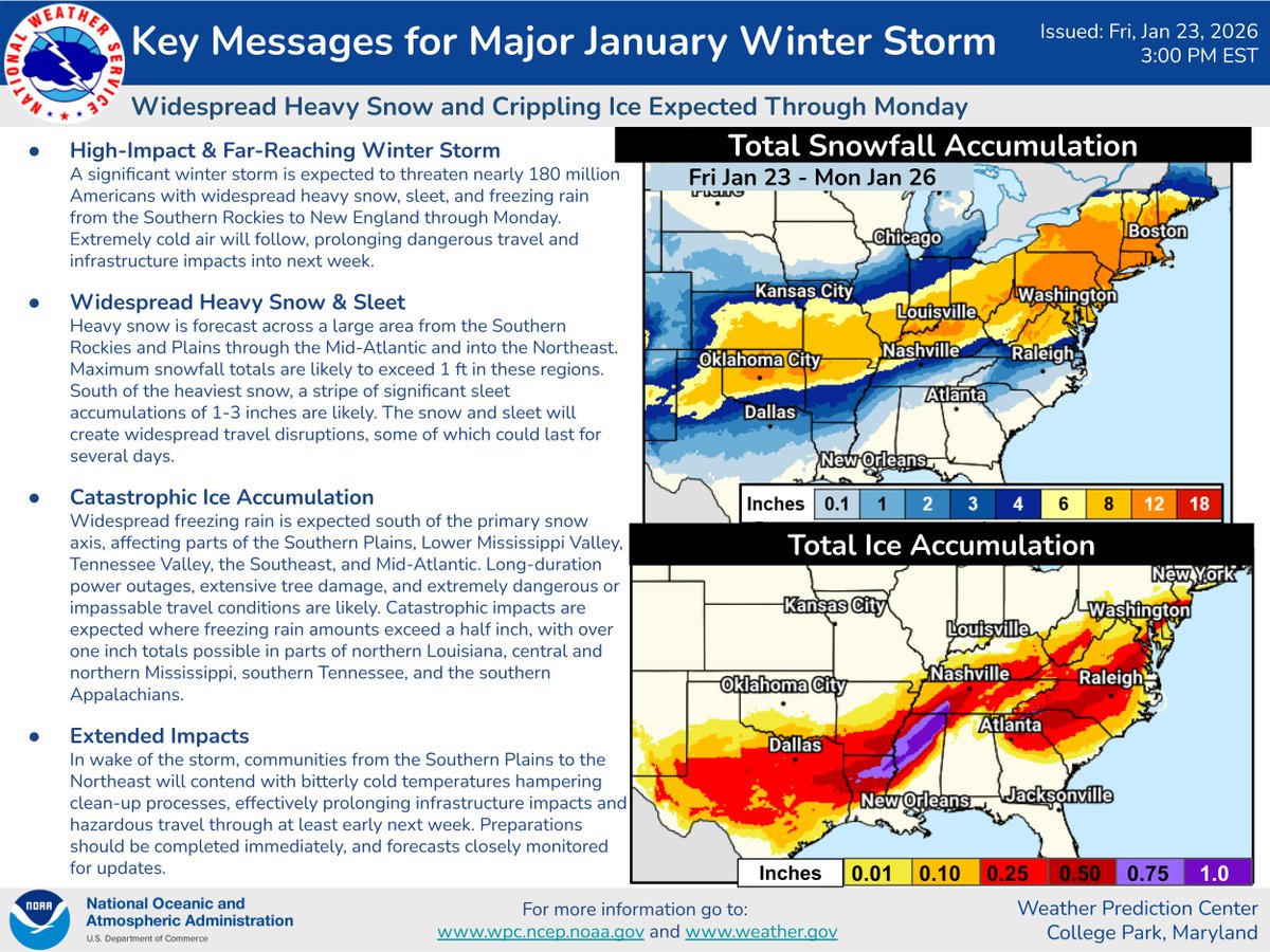 ❄️The stage is set for a major winter storm to produce widespread heavy snow &amp; dangerous ice accumulations. Travel will be dangerous to impossible in the hardest-hit areas. Frigid temps in this storm's wake will make for treacherous travel conditions into early next week.