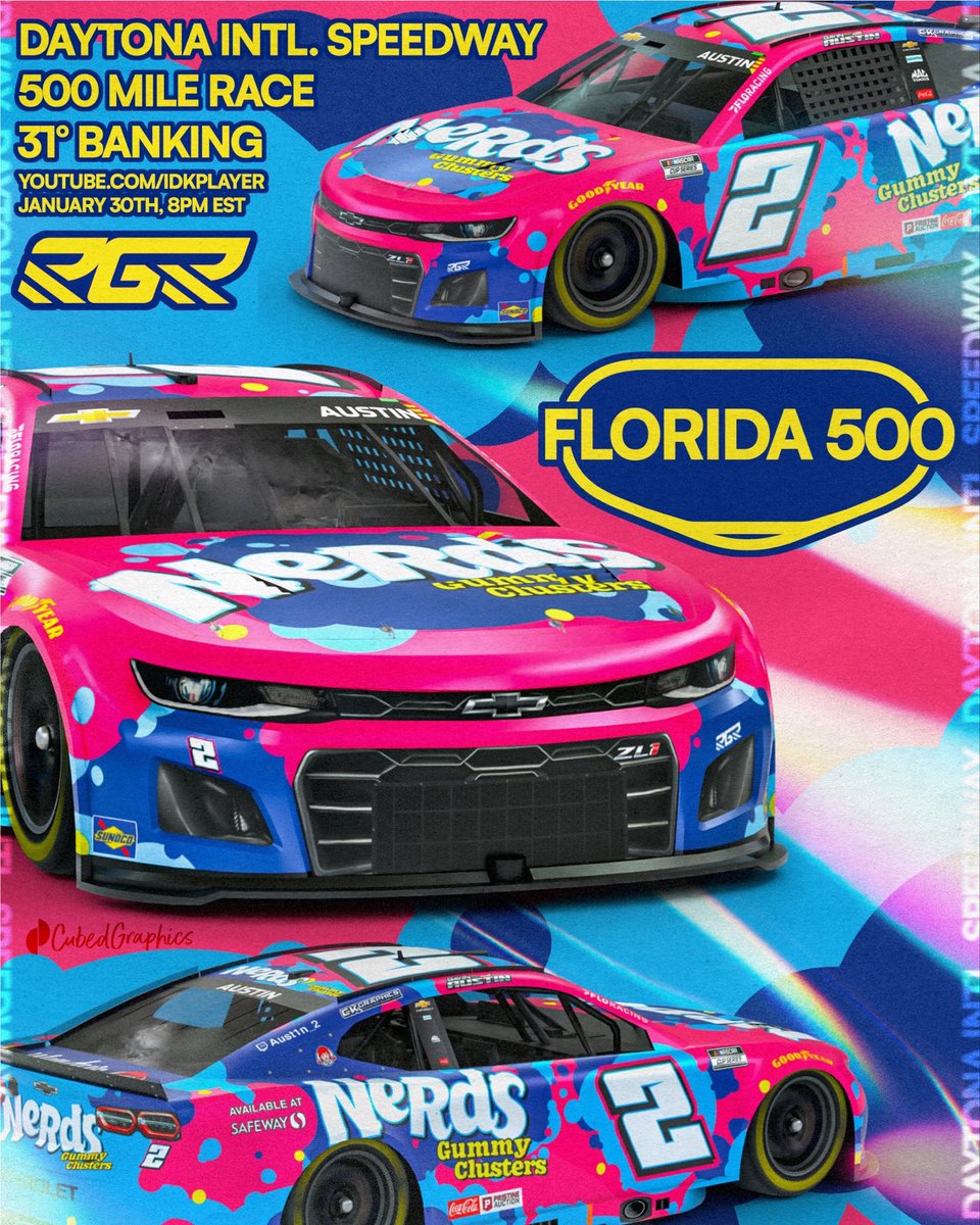 Aust1n224488's tweet photo. One week from today, Friday, January 30th, I’ll be racing in the Florida 500 behind the wheel of the #2 Nerds Gummy Clusters machine for RGR. Really excited for this one and ready to go racing. Let’s get it 🏁

#iRacing #NASCAR #Florida500 https://t.co/eraHEbrNLv