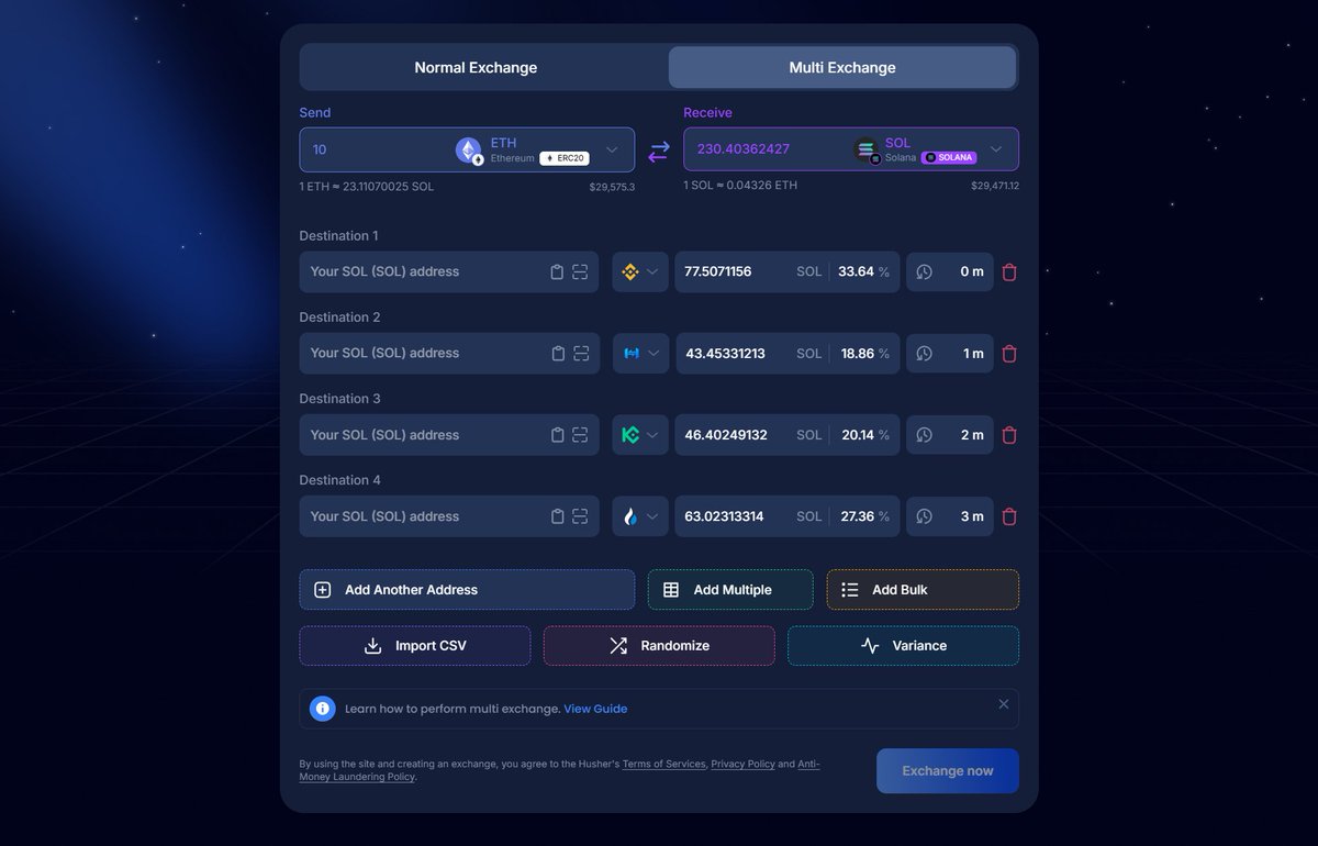 Have you tried our Multi Exchange feature?

With just one click, you can fund over 1,000 wallets from multiple CEX sources. You can also schedule funding at different times, making it flexible and efficient.

Husher saves you a significant amount of time.