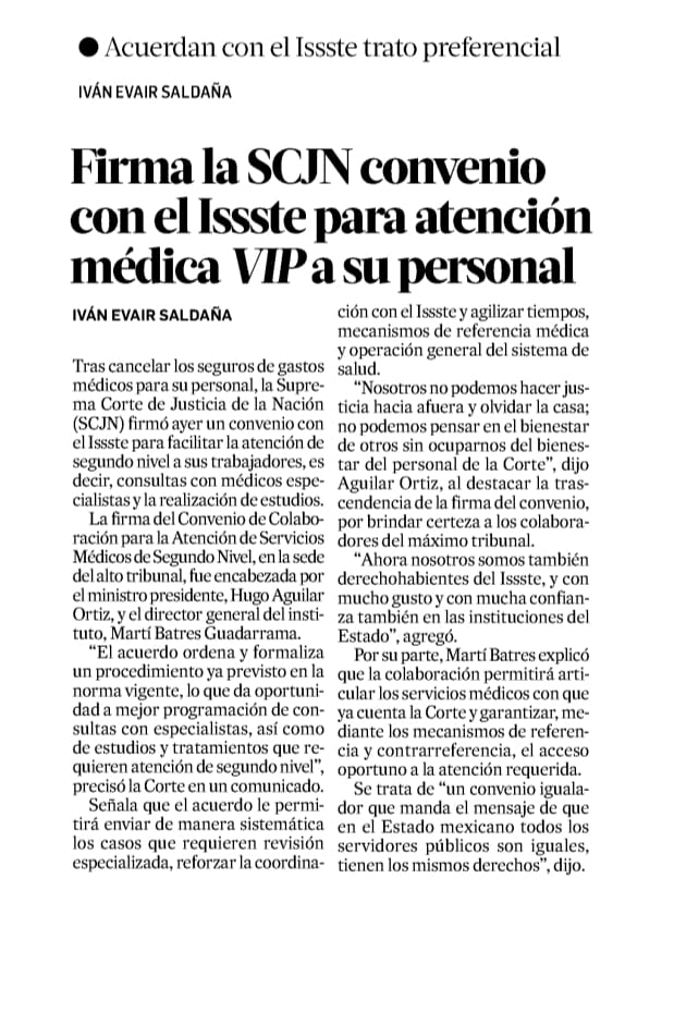 El encabezado de la nota de <a href="/LaJornada/">La Jornada Impresa</a> no corresponde a su contenido. Es falso que el Convenio con el <a href="/ISSSTE_mx/">ISSSTE</a> sea para dar atención VIP a personal de la Corte. Al contrario, se sustituyen los seguros de gastos médicos mayores por una institución pública que iguala a tod@s.