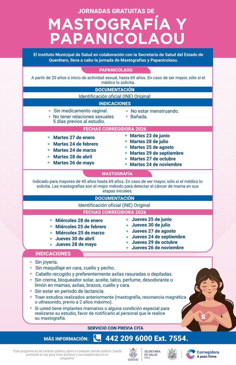En Corregidora seguimos impulsando acciones que cuidan la salud de las mujeres.
A partir del 27 de enero, estarán disponibles las jornadas de detección oportuna con estudios de mastografía y Papanicolaou, gracias al trabajo coordinado de la Secretaría de la Mujer y el Gobierno