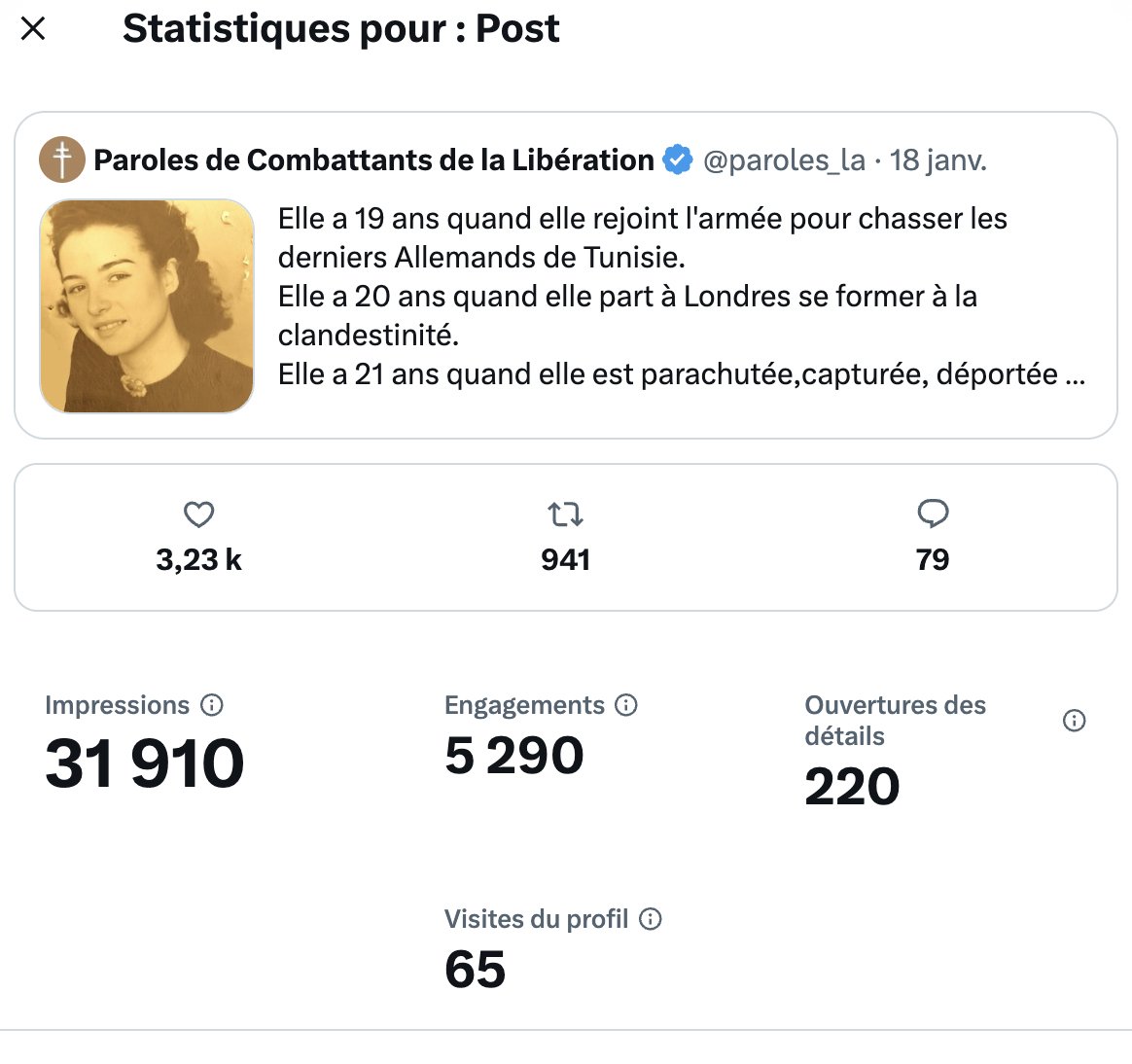 paroles_la's tweet image. Ayant une admiration sans borne pour les "Merlinettes" parachutées en 1944, je reposte régulièrement le portrait d'Eugénie Djendi.   

Je vous laisse apprécier l'évolution du nombre de vues depuis 2021, soit avant le passage de Twitter à X...  

Le constat vaut pour l'ensemble…