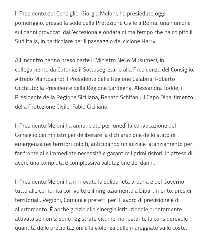 Danni provocati dall'ondata di maltempo nel Sud Italia, la nota di Palazzo Chigi.

@PolitikosIt