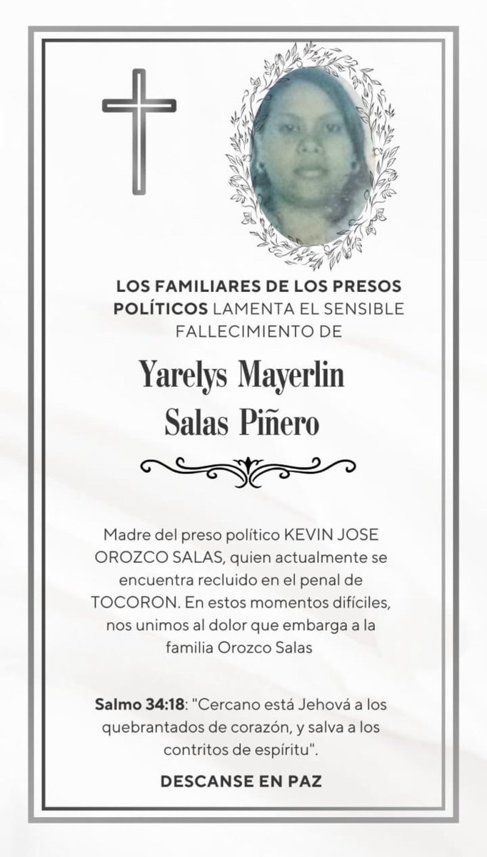 LucyPN's tweet photo. Yarelys Salas Piñero no estaba detenida, pero su hijo Kevin Orozco es uno de los presos políticos recluidos en Tocorón. Ella, que hacía vigilia a las afueras de ese centro de reclusión, murió ayer tras colapsar y sufrir un infarto en las inmediaciones de ese tétrico lugar. No pudo abrazar a su hijo, no pudo verlo libre. Su corazón no aguantó más.

¡Ni perdón ni olvido!