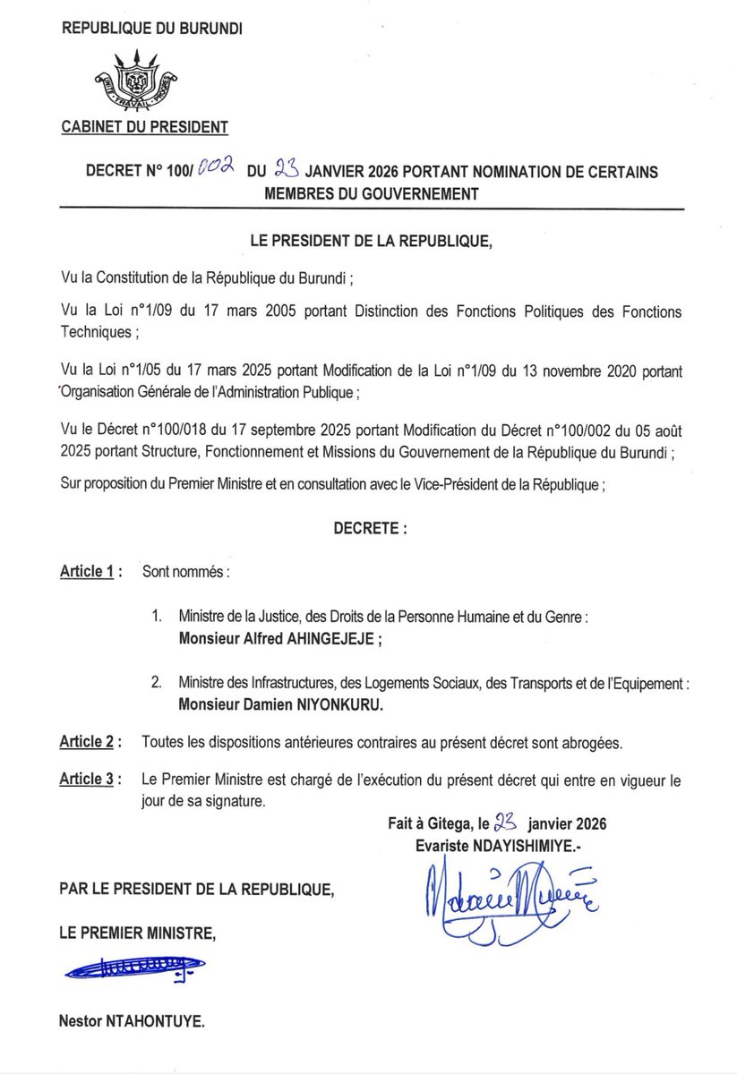 AMAKURU YIHUTA:  Umushikiranganji w'ubutungane agateka kazina muntu n'iterambere ridakumira , hamwe n'umushikiranganji mu vyo ajejwe harimwo  w'inyubako bahejeje gusubirizwa na Alfred AHIGEJEJE hamwe na Damien NIYONKURU.

#burundi