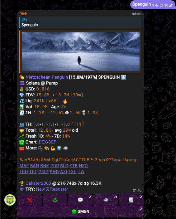 The best and unstoppable <a href="/MNFSTRICHES/">manifestingriches</a> 

<a href="/Oakster__/">Oakley 👹</a> called $PENGUIN 7 days ago at 21k mcap and it hit 19.3M around 800x

Never stop clicking