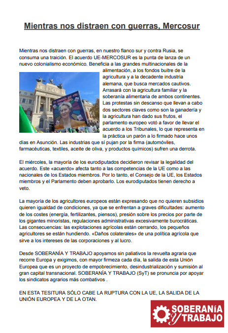 SyT_es's tweet photo. 📣Comunicado sobre la situación del acuerdo UE-MERCOSUR.
¡Derribemos la UE!
#SalirdelaUE #Espexit #PazSoberaníayTrabajo https://t.co/f2QMWVfDv7