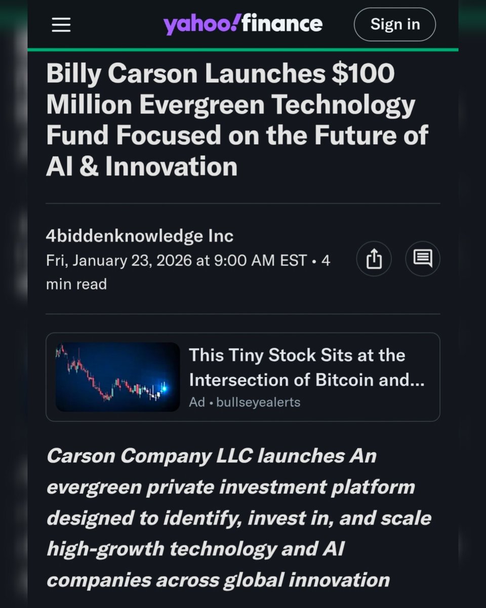 Visionary entrepreneur and six-time bestselling author Billy Carson today  announced the formation of Carson Company LLC, a privately structured  investment platform created to pursue long-term value creation through  strategic investments in technology ...