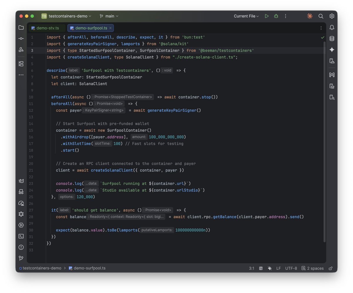 I'm excited to announce @beeman/testcontainers: Docker-based test containers for Solana development 🥳

Spin up solana-test-validator or <a href="/surfpool_sol/">Surfpool</a> in your tests with a single line of code.

I'm thinking about adding on for Kora, what more should I add?