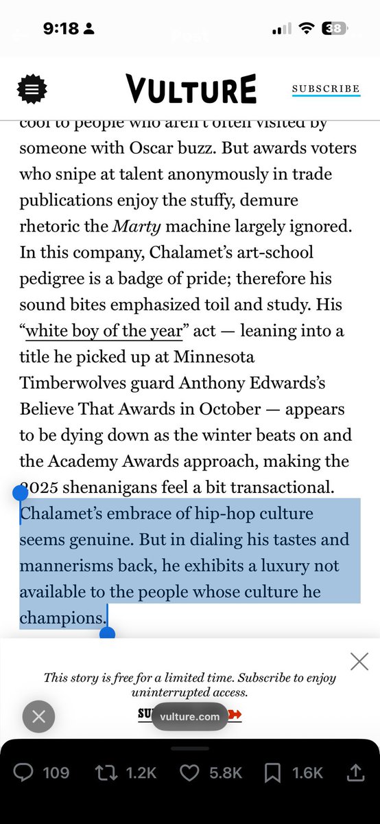 Couldn’t read the article bc paywall but saw this quote (in pic)
And I agree with that, but instead of making it a critique of Timothée I think it’s more a critique of what society deems to be “respectable” (and crucially what isn’t and thus needs to be dialled back for awards)