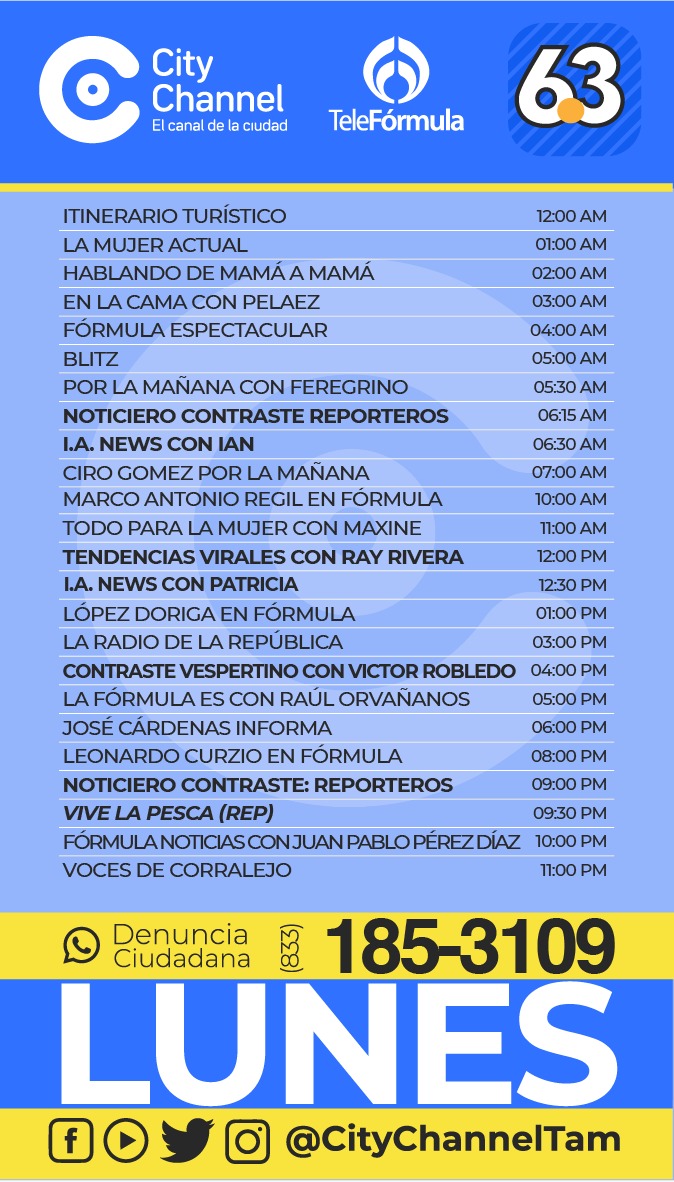 Citychannel_'s tweet image. 🔵Te compartimos nuestra programación para este Lunes 26 de Enero

✅ 📡 Sintoniza nuestra señal a través de:
Facebook Live📱
Youtube: 

📺6.3 TV abierta
📺Súper Cable canal 9
📺Cable Sur canal 28.5
📺Cable Pánuco canal 96
📺Canal 14 INBTEL
#CityChannel el canal de la ciudad.🟡